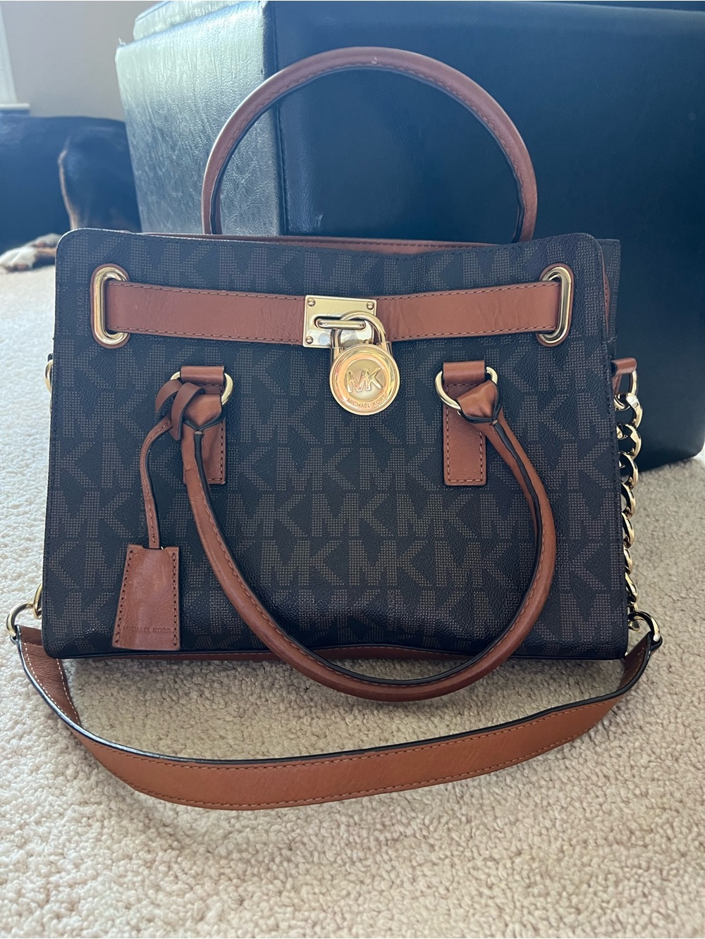 Michael Kors Brown Logo Satchel with Tan Trim and Gold Hardware